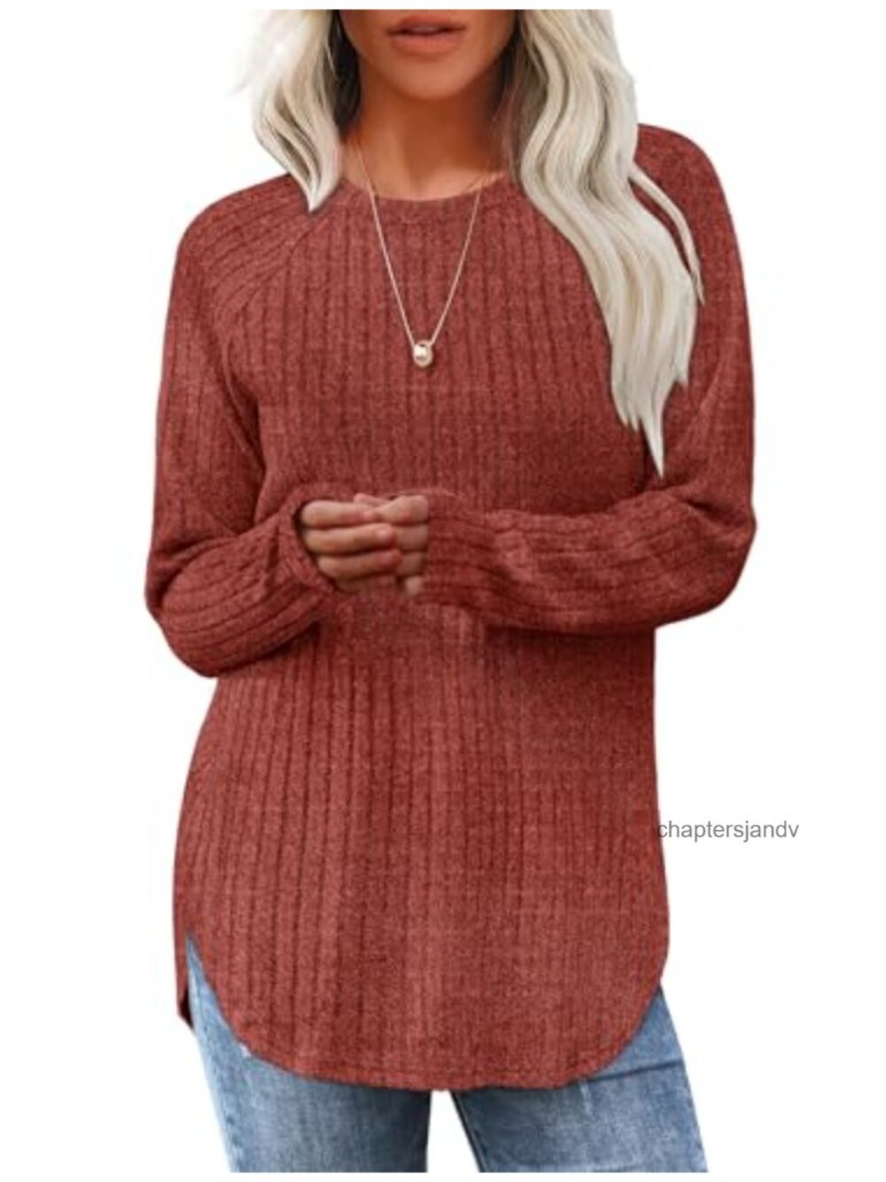Long Sleeve Tunic Top Loose Fit Pullover Sweater Curved Hem Women